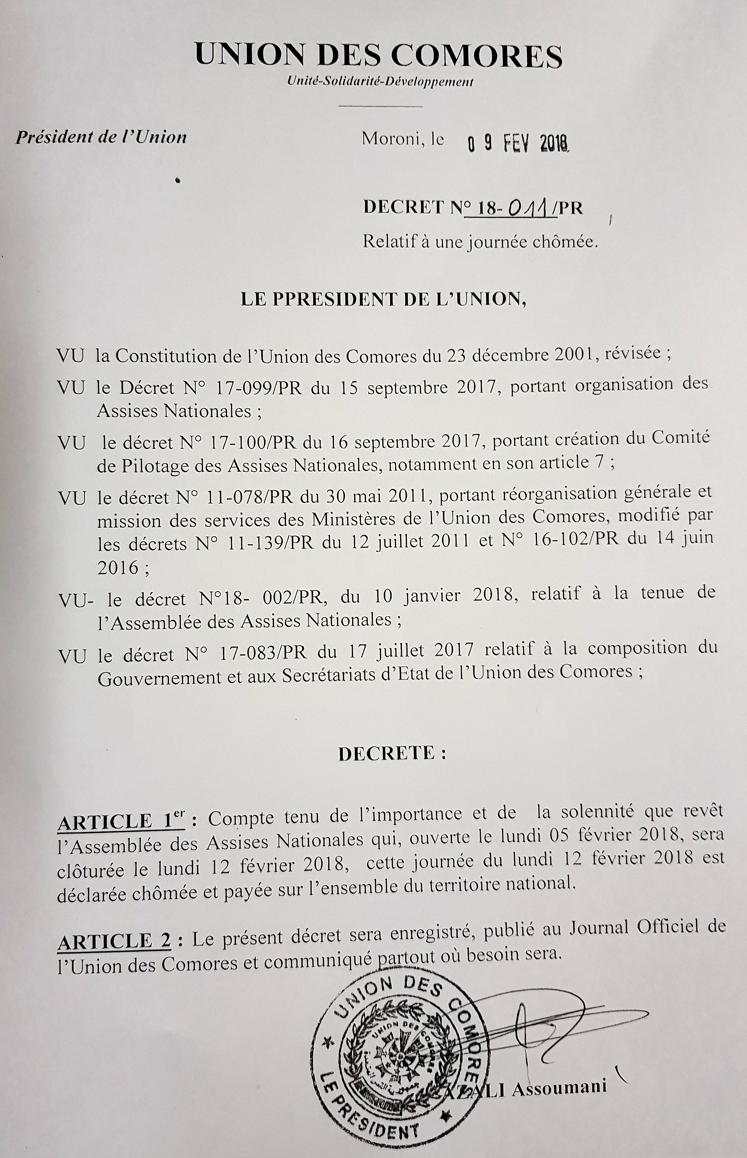 Assises nationales - lundi 12 février déclaré jour chômé et payé